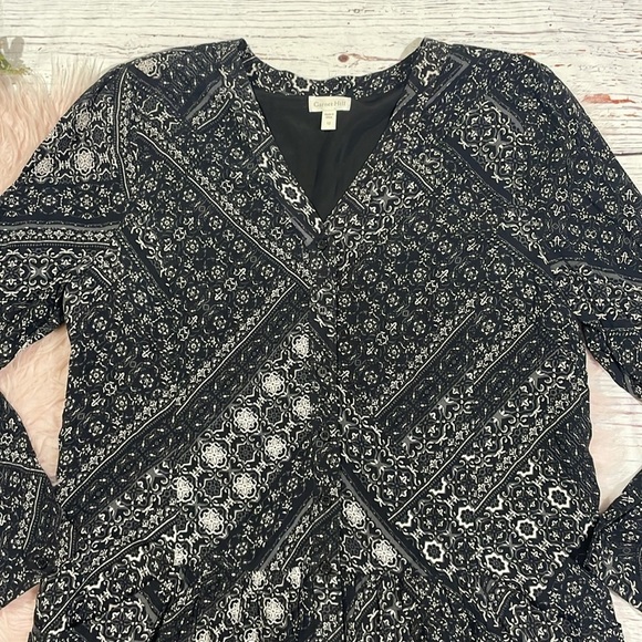 Garnet Hill Drop Waist Button Up Bohemian Print Black White Shirt Dress - Picture 6 of 9